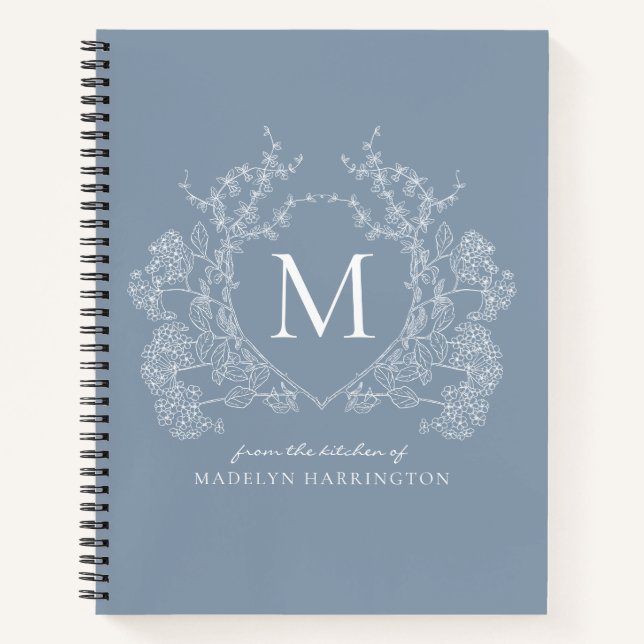 Classic Dusty Blue Floral Crest Monogram Recipe Notebook (Front)