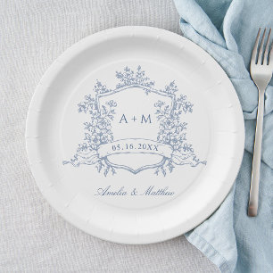 Classic Dusty Blue Floral Crest Monogram Wedding Paper Plate