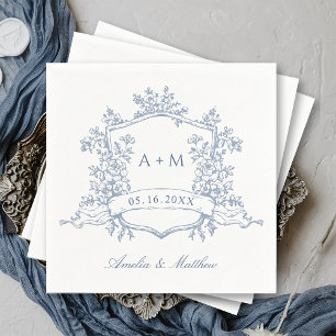 Classic Dusty Blue Floral Crest Monograms Wedding Napkin