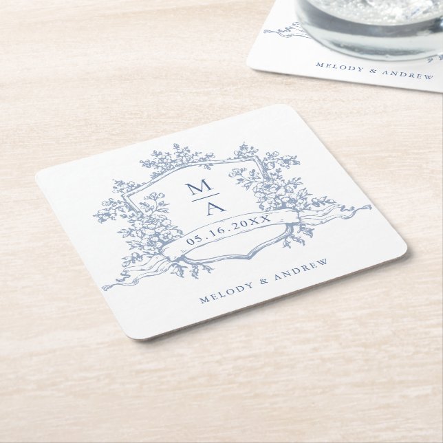 Classic Dusty Blue Floral Crest Monograms Wedding  Square Paper Coaster (Angled)
