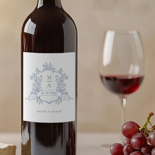 Classic Dusty Blue Floral Crest Monograms Wedding Wine Label
