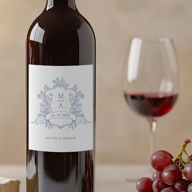 Classic Dusty Blue Floral Crest Monograms Wedding Wine Label (Creator Uploaded)