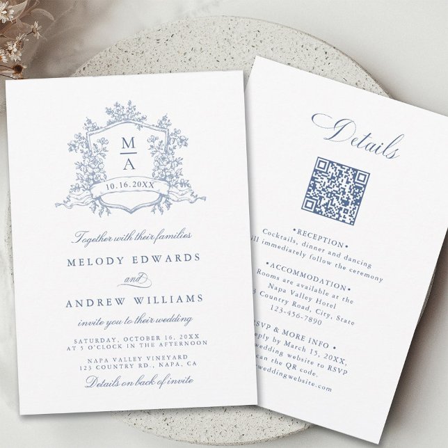 Classic Dusty Blue Floral Crest Wedding All in One Invitation (Front & Back)