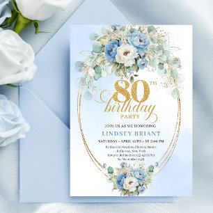 Classic Dusty Blue Floral Greenery 80th Birthday Invitation