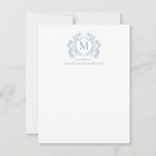 Classic Dusty Blue Floral Vintage Crest Monogram Card