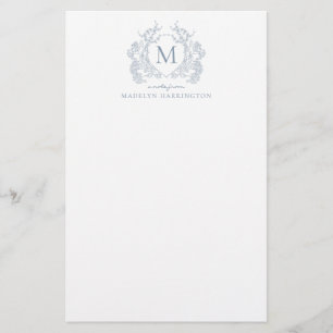 Classic Dusty Blue Floral Vintage Crest Monogram Stationery
