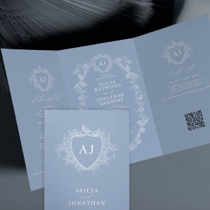 Classic dusty blue French floral QR code wedding Tri-Fold Invitation