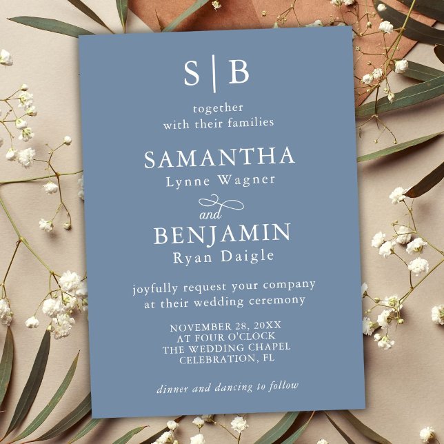 Classic Dusty Blue Monogram Initials Wedding Invitation (Creator Uploaded)