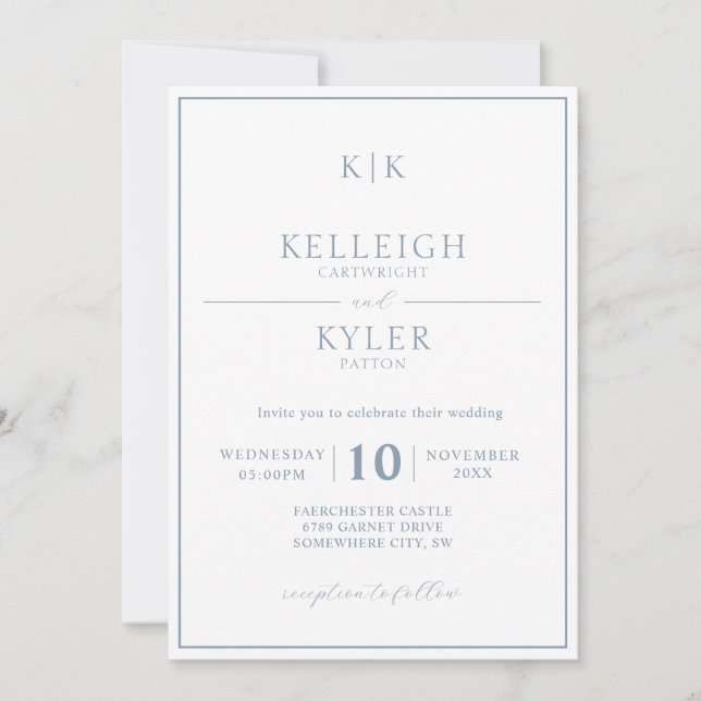 Classic Dusty Blue Monogram Photo Wedding Invitation (Front)