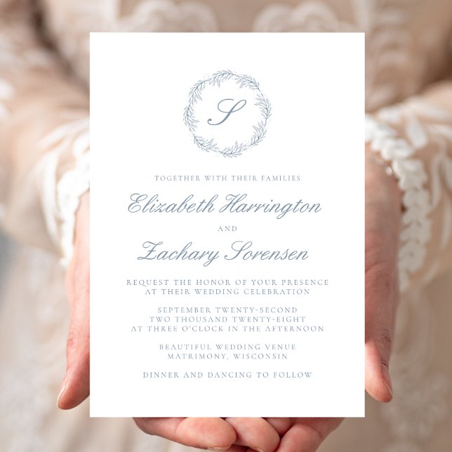 Classic Dusty Blue Monogram Wreath Script Invitation (Creator Uploaded)