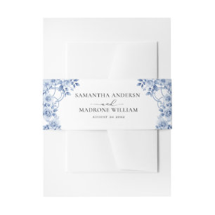 Classic Dusty Blue Rose Floral Wedding Invitation Belly Band