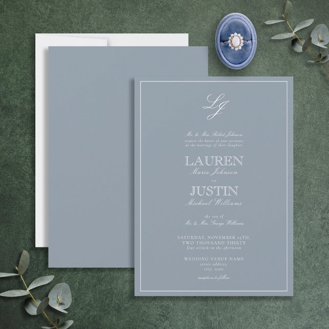 Classic Dusty Blue Script Monogram Wedding Invitation (Creator Uploaded)