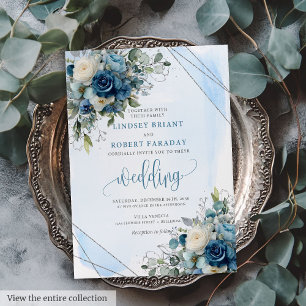 Classic Dusty Blue Silver White Floral Wedding  Invitation