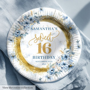 Classic Dusty Blue Sweet Sixteen Gold Glitter  Paper Plate