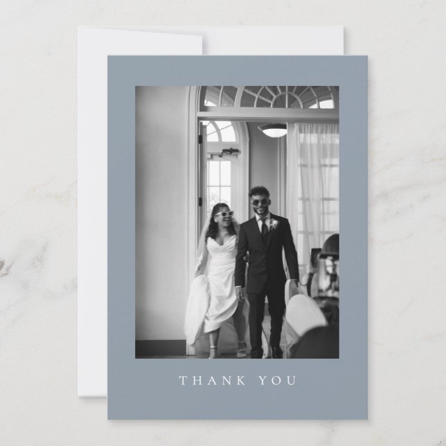Classic Dusty Blue Wedding Photo Thank You Card (Front)