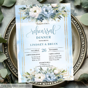 Classic Dusty Blue White Floral Rehearsal Invites
