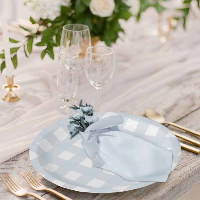 Classic Dusty Blue & White Gingham Check Paper Plate (Dusty Blue and White Gingham Check Plaid Wedding Dining Paper Plate )