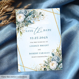 Classic Dusty Blue White Gold Floral Save The Date Invitation
