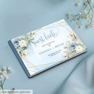 Classic Dusty Blue White Gold Flowers Guest Book