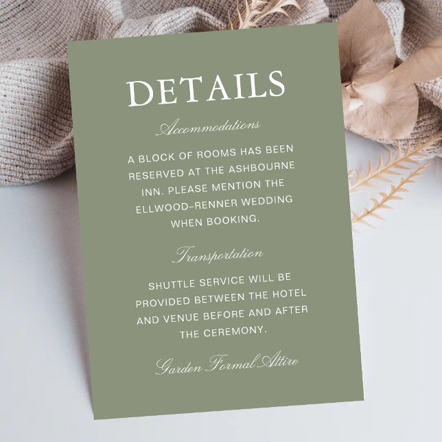 Classic Dusty Green Script Wedding Information Enclosure Card (Classic dusty green enclosure cards share wedding details with timeless elegance and clarity.)
