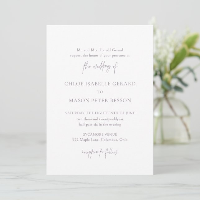 Classic Dusty Lilac Elegant Wedding Invitation (Standing Front)