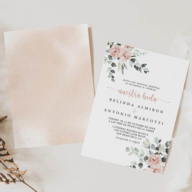 Classic Dusty Pink Rose Floral Nuestra Boda  Invitation (Creator Uploaded)