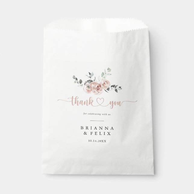 Classic Dusty Pink Rose Floral Thank You Wedding  Favour Bag (Front)
