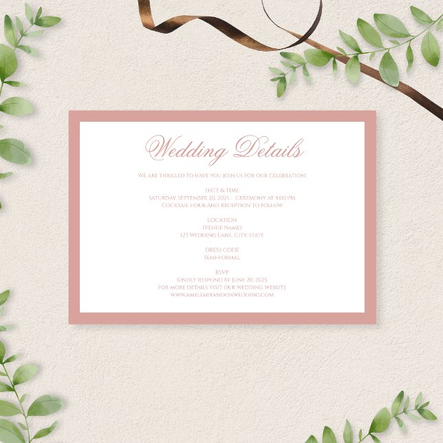 Classic Dusty Rose Border Script Wedding Details Enclosure Card (Creator Uploaded)