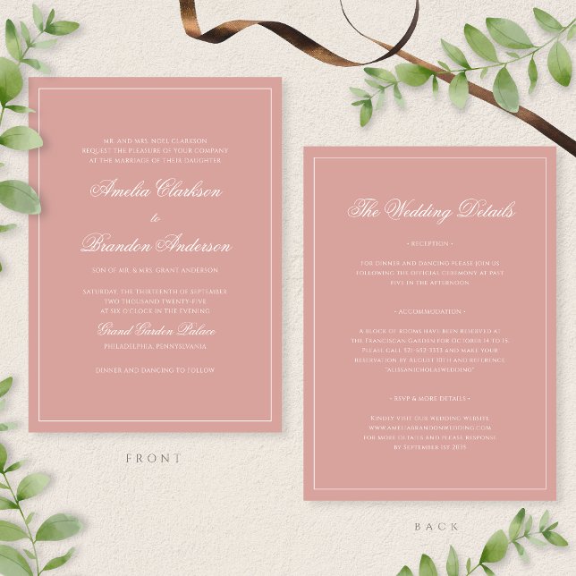 Classic Dusty Rose Border Script Wedding Details & Invitation (Creator Uploaded)