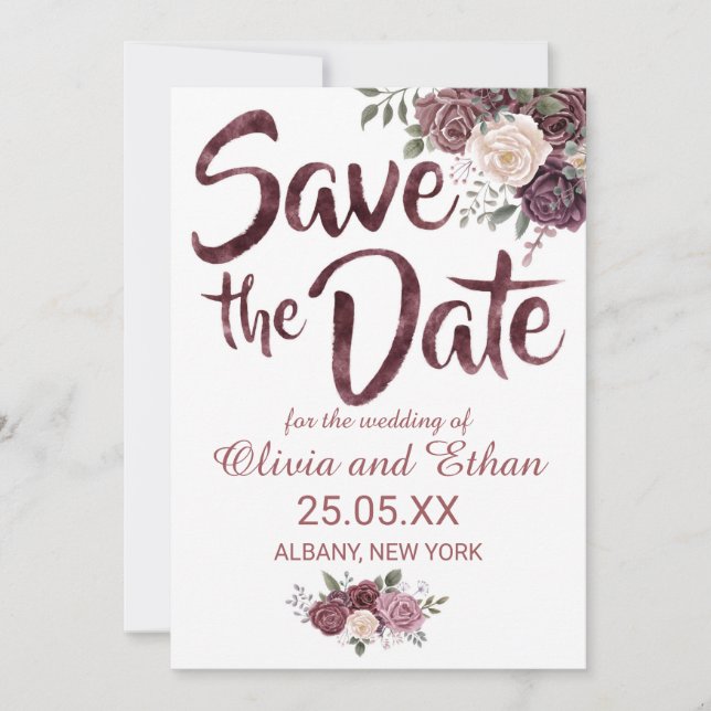 Classic Dusty Rose Floral on White Save The Date (Front)