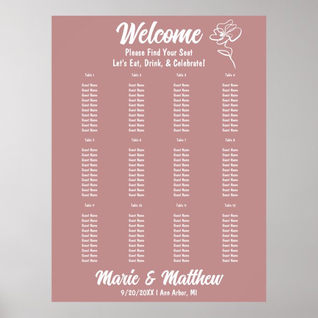 Classic Dusty Rose Floral Wedding Seating Chart (Front)