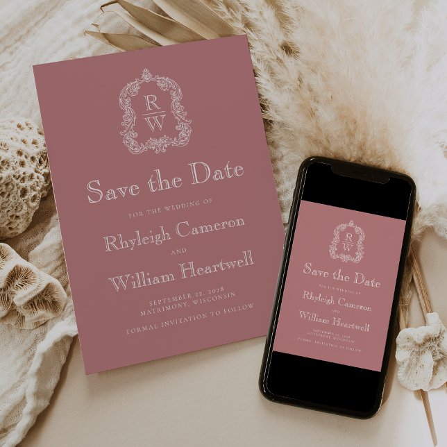 Classic Dusty Rose Monogram Crest Save The Date (Creator Uploaded)