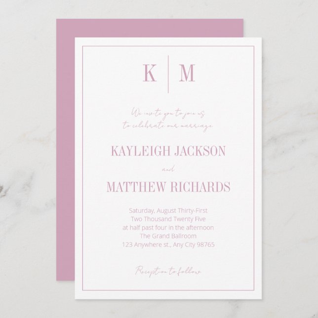 Classic Dusty Rose Monogram Elegant Wedding  Invitation (Front/Back)