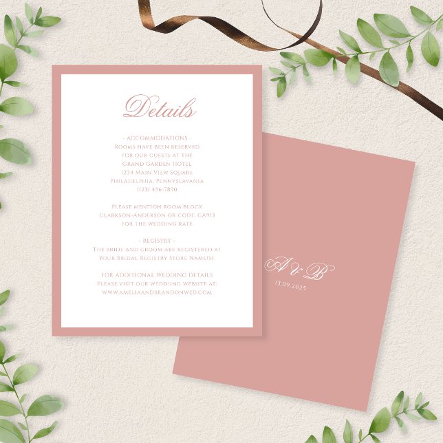 Classic Dusty Rose Monogram Script Wedding Details Enclosure Card (Creator Uploaded)