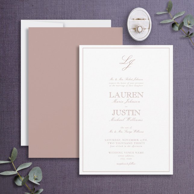 Classic Dusty Rose Script Monogram Wedding Invitation (Creator Uploaded)