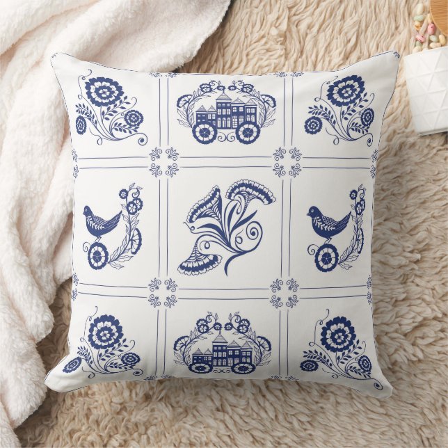 Classic Dutch Blue Delft Tile Floral & Bird Cushion (Blanket)