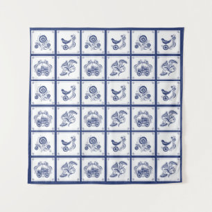 Classic Dutch Blue Delft Tile Floral & Bird Tapestry