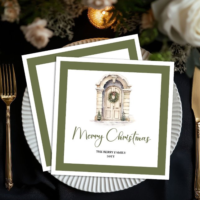 Classic Earth Tone Christmas Door Custom Name Napkin (Classic Earth Tone Christmas Tree Custom Name Napkins)