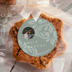 Classic Earthy Olive Damask Photo Wedding Round Sticker