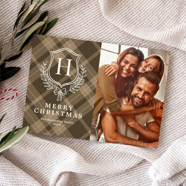 Classic Earthy Plaid Monogram Photo Christmas Holiday Card (Creator Uploaded)