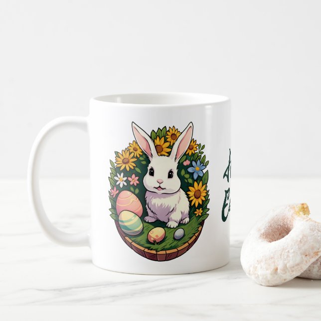 Classic Easter Bunny Illustration. Happy Easter! Coffee Mug (With Donut)