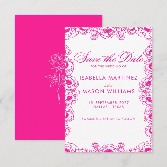 Classic  electric fuchsia flowers save the date (Front/Back)