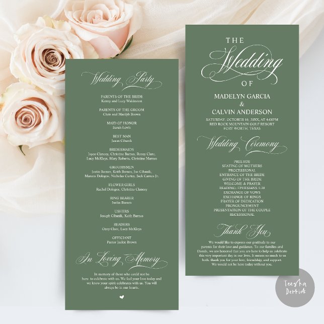 Classic Elegance Black Script, Wedding Ceremony Program (Wedding Program Card, in Modern Classy Script, in Forest Sage Green)