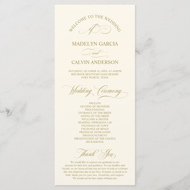 Classic Elegance Gold Script, Wedding Ceremony Program (Front)