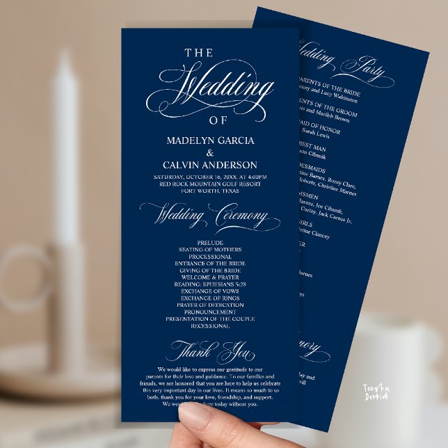 Classic Elegance Gold Script, Wedding Ceremony Program (Classic Elegance, Wedding Ceremony Program, Ceremony and Thank you in Classy Navy Blue)