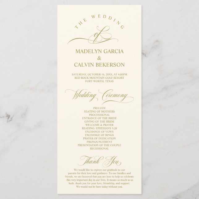 Classic Elegance Gold Script, Wedding Ceremony Program (Front)