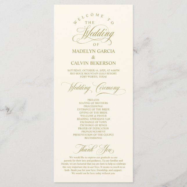 Classic Elegance Gold Script, Wedding Ceremony Program (Front)