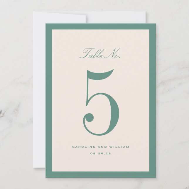 Classic Elegance Green Wedding Table Number Card (Front)