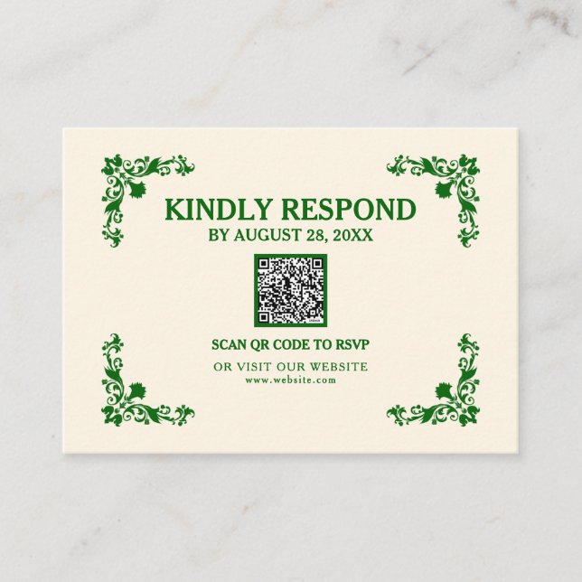 Classic Elegance Ivory & Emerald Islamic QR RSVP Enclosure Card (Front)