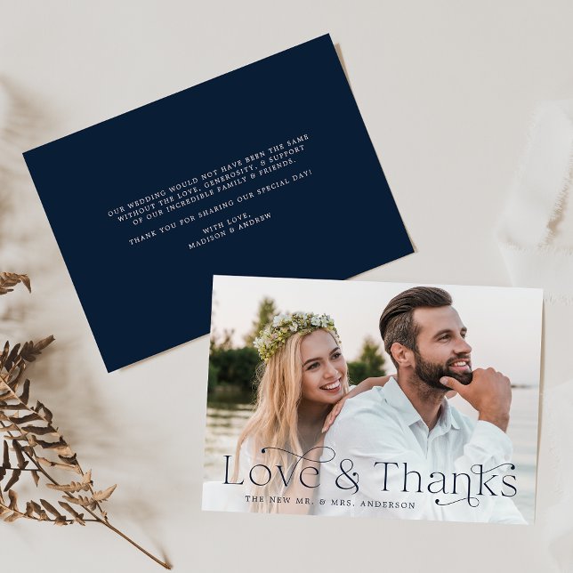 Classic Elegance Love and Thanks Navy Photo Thank You Card (Creator Uploaded)